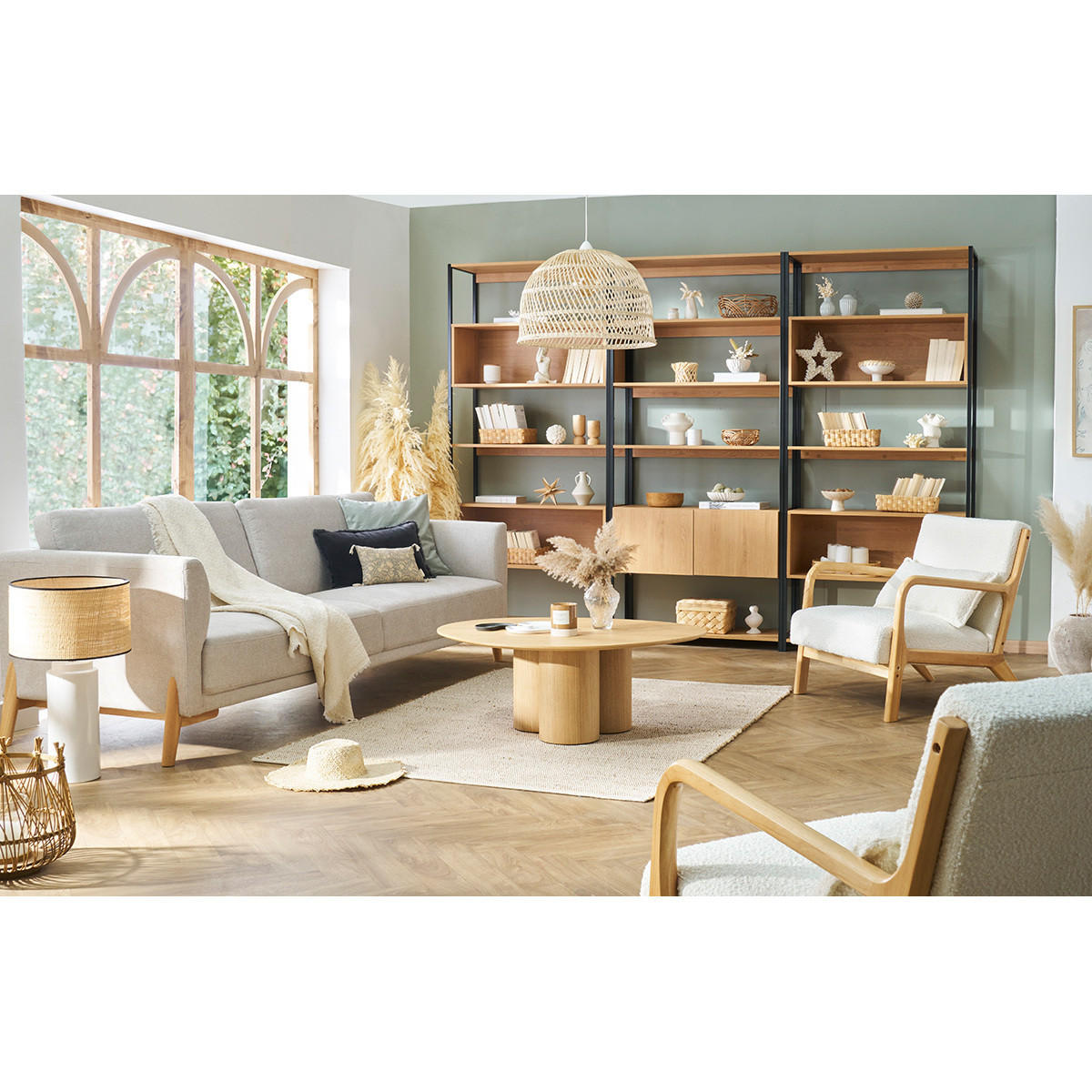 SOFA Beiger Stoff Samteffekt Helles Holz 4-Sitzer SINDRO - Beige, Textil (87/82/241cm) - Miliboo