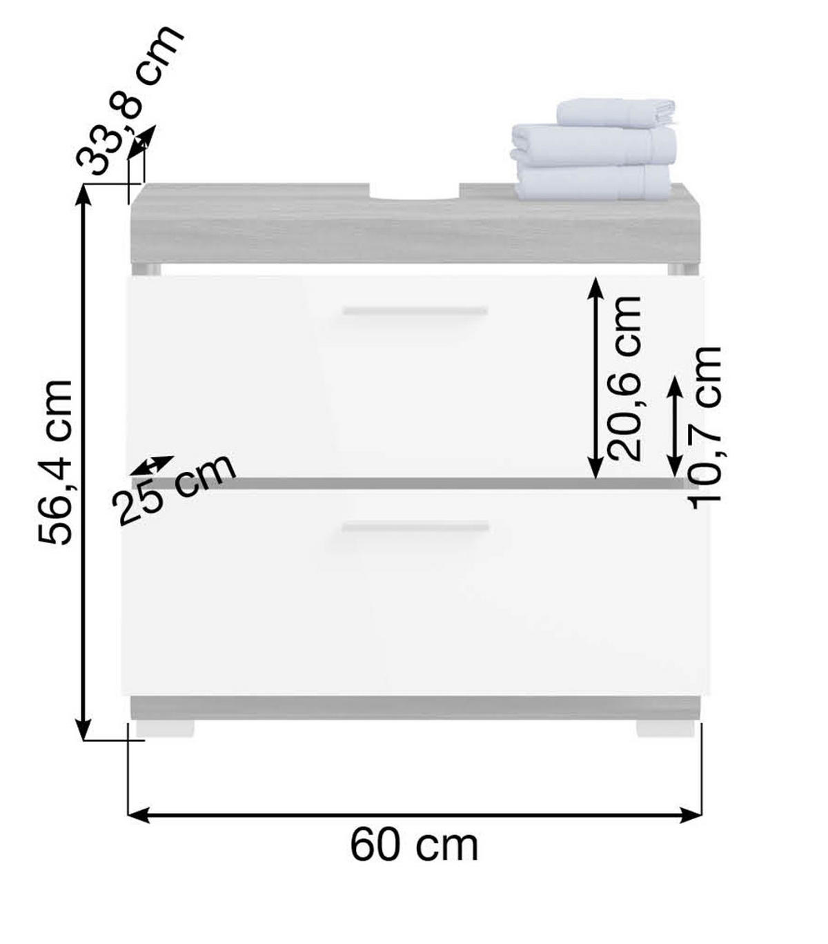 WASCHBECKENUNTERSCHRANK weiß Hochglanz, grau mit Schubladen 60 cm - Weiß Hochglanz/Silberfarben, Holzwerkstoff/Kunststoff (60/56/34cm) - Inn.Furn