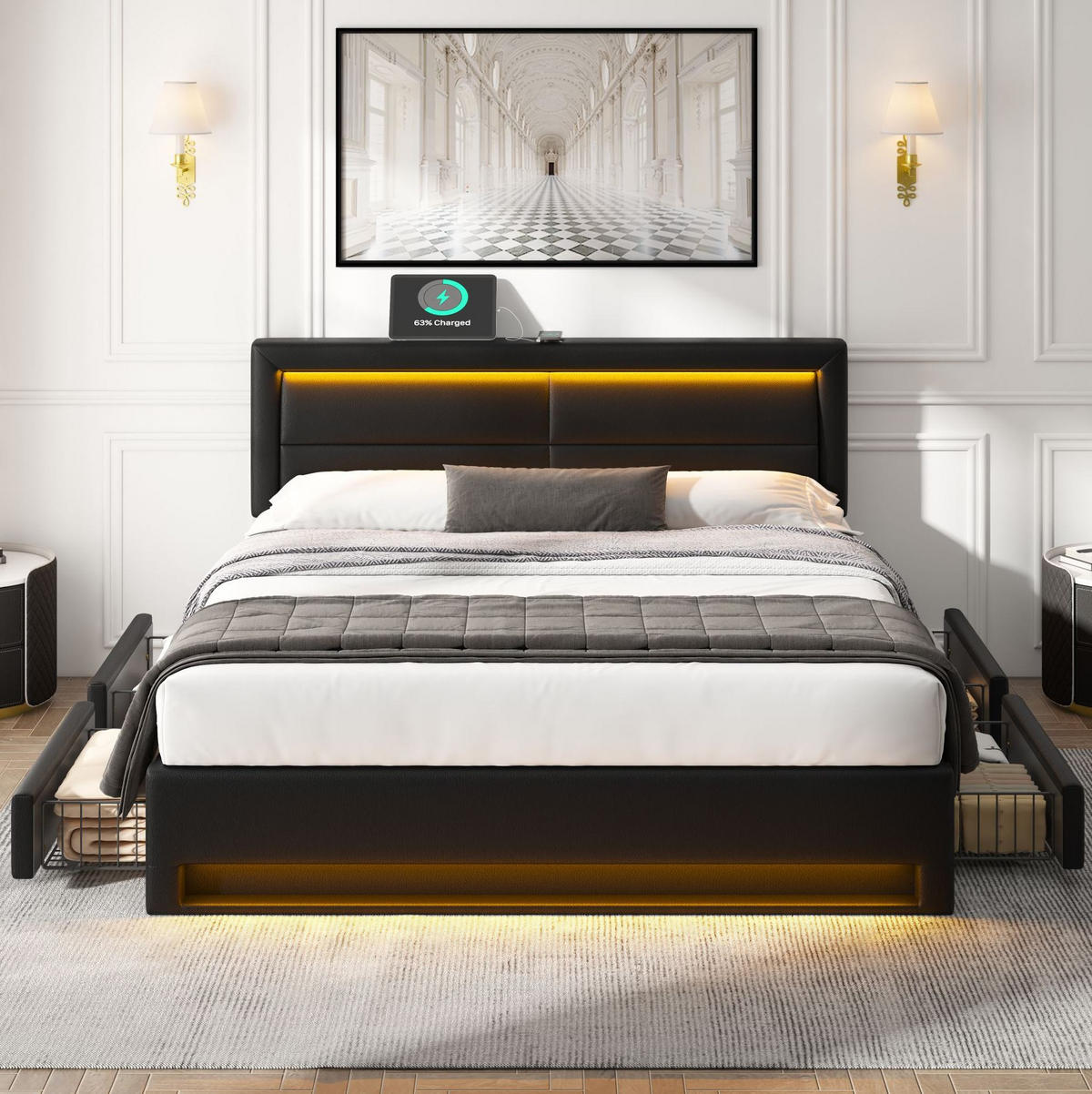 POLSTERBETT 140/200 cm mit LED-Beleuchtung, USB-Anschluss und 4 Schubladen - Schwarz, Kunststoff (140/200cm) - BEAOK