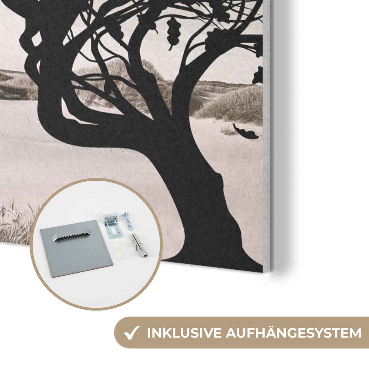 AKUSTIKBILD Strand - Meer - Menschen - Baum - Moderne Kunst Wanddeko 60x90 cm - Hellgrau, Kunststoff (60/90/0.9cm) - MuchoWow