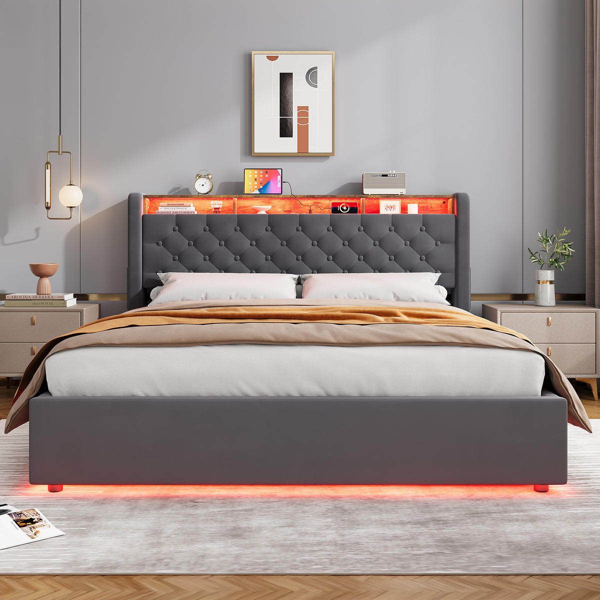 POLSTERBETT 160/200 cm in Dunkelgrau Samt mit Bettkasten, LED-Beleuchtung und USB-Anschluss - Dunkelgrau, Holzwerkstoff/Textil (160/200cm) - CHICFURN