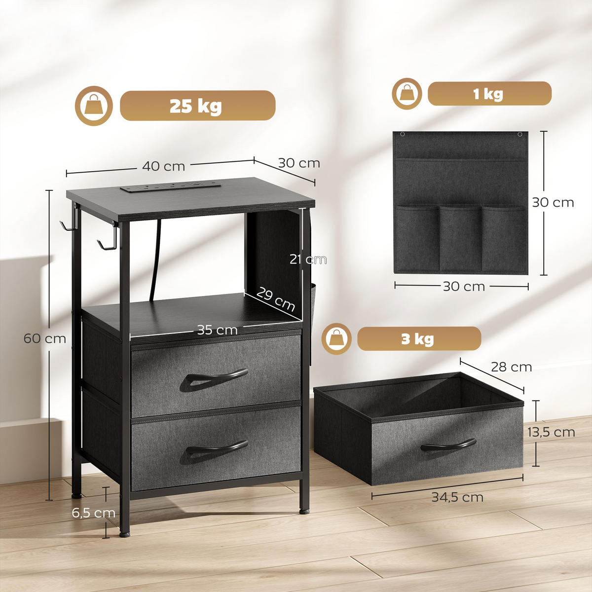 COUCHTISCH DE-08768 mit Ladestation, USB-C & Schubladen Schwarz - Schwarz, Metall (40/30/60cm) - ComfortXL