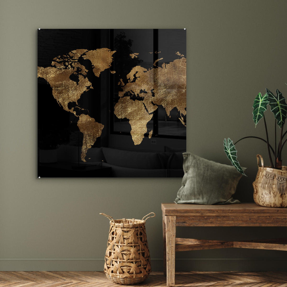 ACRYLGLASBILD Weltkarte - Gold - Luxus - Erde - Schwarz 90x90 cm - Goldfarben, Glas (90/90cm) - MuchoWow