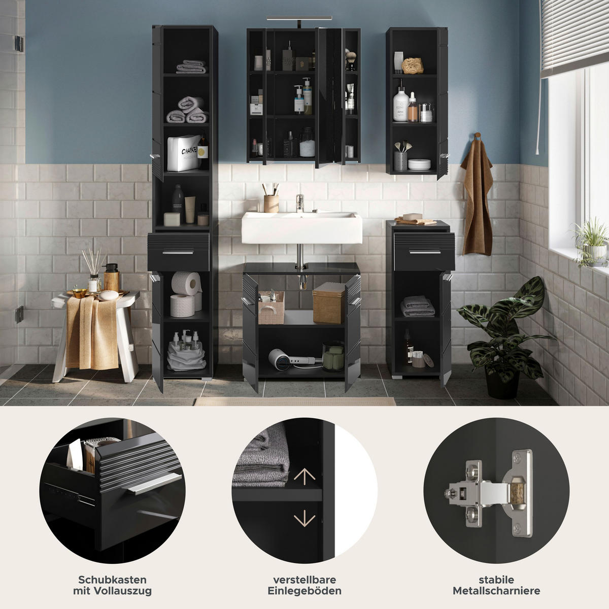 BADEZIMMER 5tlg. inkl. Beleuchtung Lino Bad in schwarz Nb. und schwarz HG B/H/T: 151x182x34 cm - Schwarz, Holz (151/182/34cm)