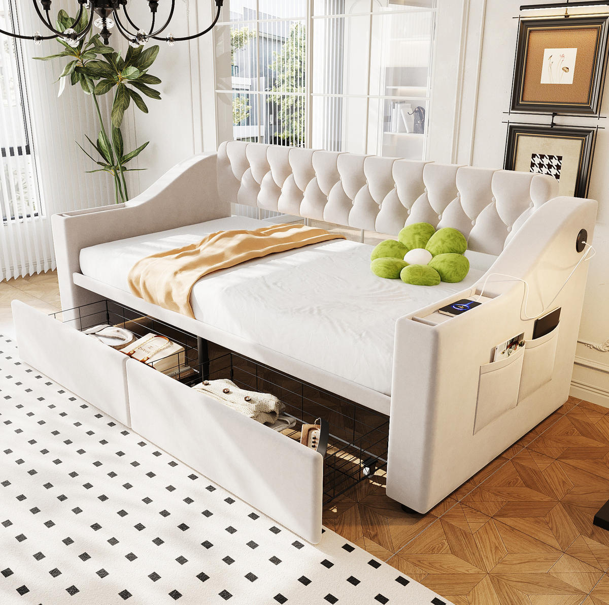 ČALÚNENÁ posteľ na spanie, 90/190 cm, zamat béžová, s USB, zásuvkami a úložnými priehradkami - béžová, textil (90/190cm) - BEAOK