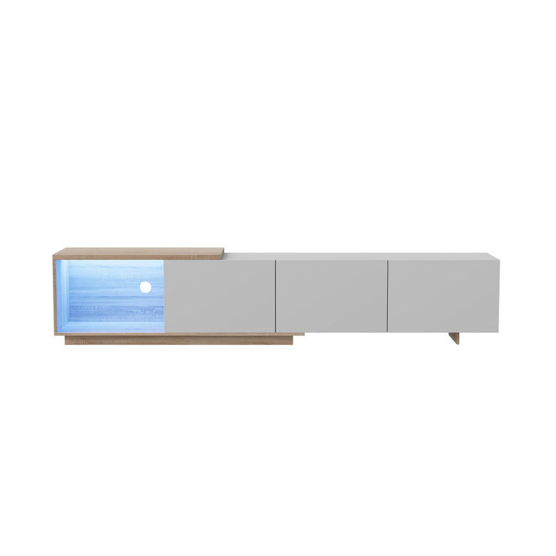 LOWBOARD mit intelligenter Induktions-LED-Beleuchtung, 3 Schubladen und einem offenen Fach, für 65-Zoll - Weiß, Holz (38/44/240cm) - WoodenAura