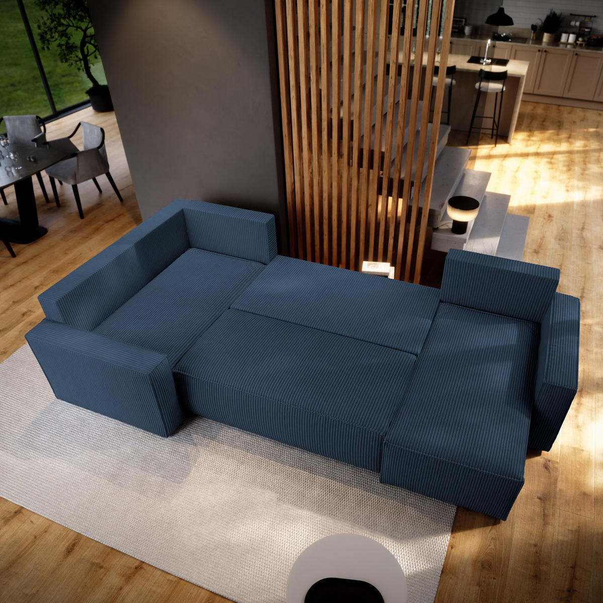 WOHNLANDSCHAFT NORENA L-S Blau Kordstoff mit Schlaffunktion - Blau, Holz (295/85/157.5cm) - MASSENO