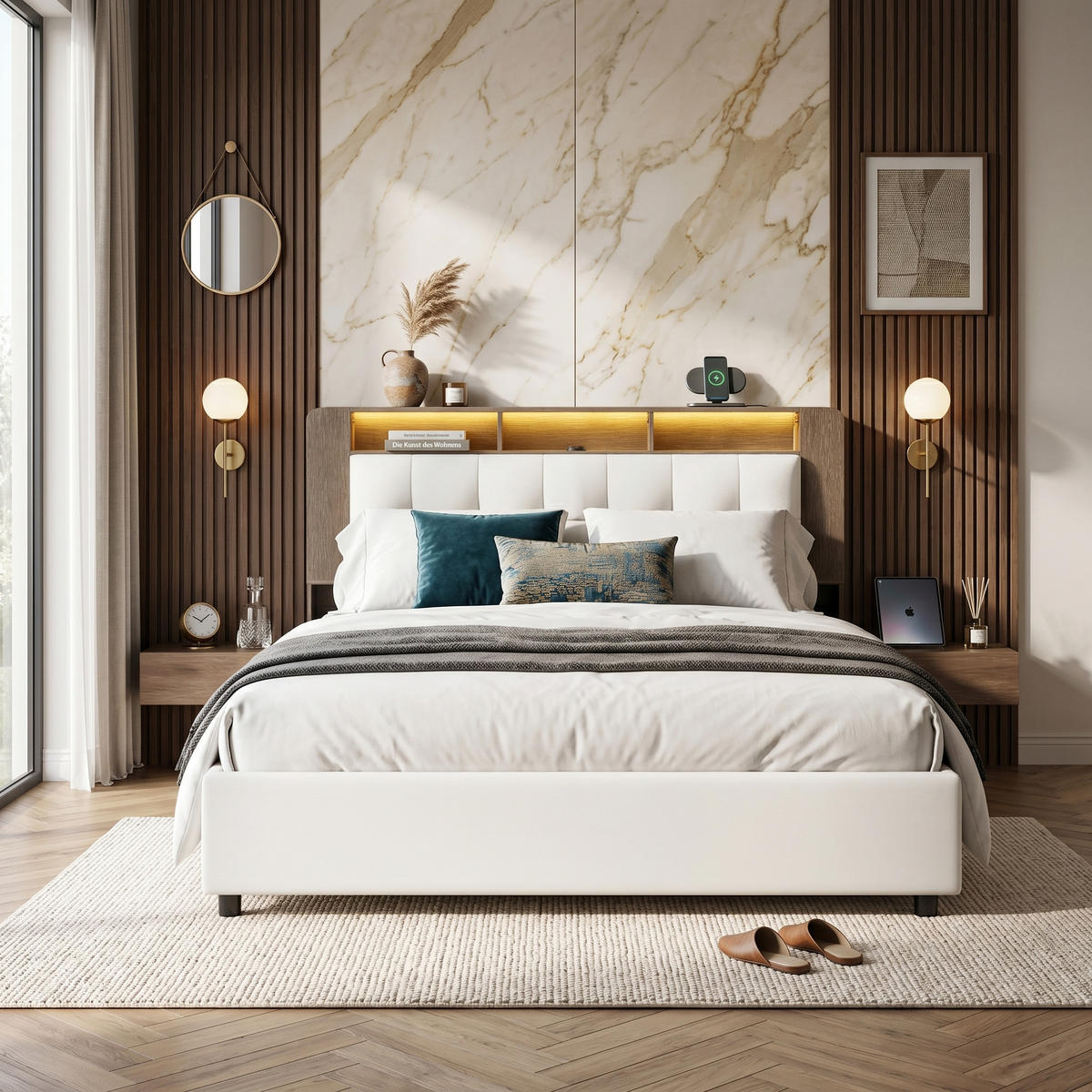 POLSTERBETT Holzdekor 140/200 cm mit Bettkasten & Qi-Ladepad Samtoptik Beige - Beige, Textil (140/200cm) - Creahappy