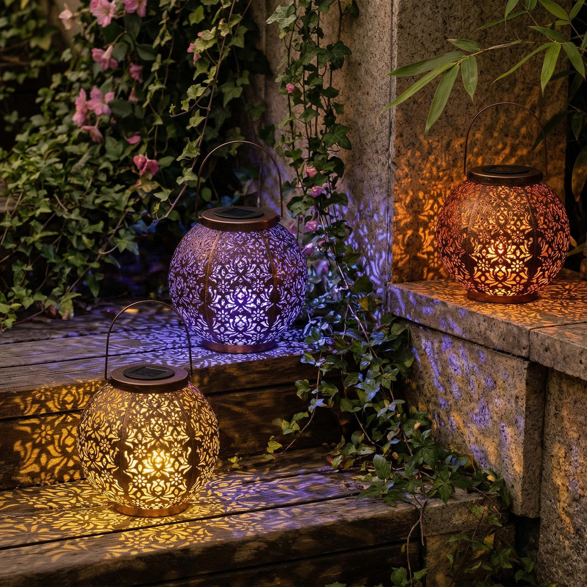 LED-SOLAR-LATERNE Marrakesh Rund Metall Kupfer-Finish Warmweiß RGB Dämmerungs-Sensor IP44 2er-Set - Kupferfarben, Metall (22.5/22.5/22.5cm) - Northpoint
