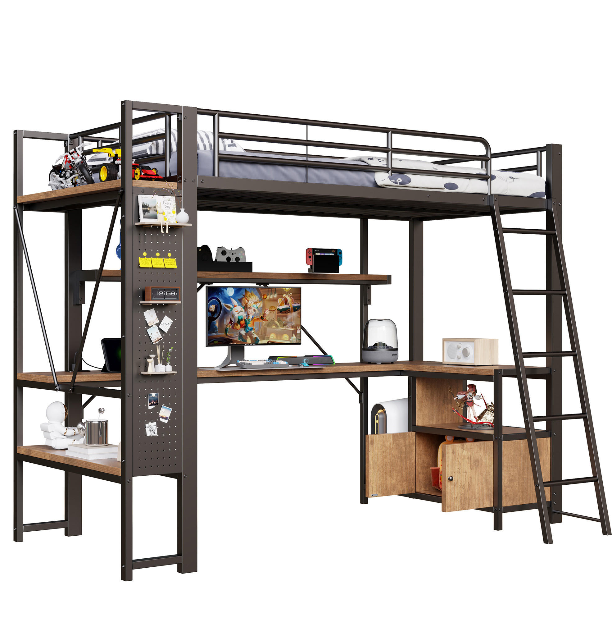 HOCHBETT 90/200 cm aus Metall und MDF mit Schreibtisch und LED-Lichtleiste Schwarz - Schwarz, Metall (90/200cm) - Modenvie