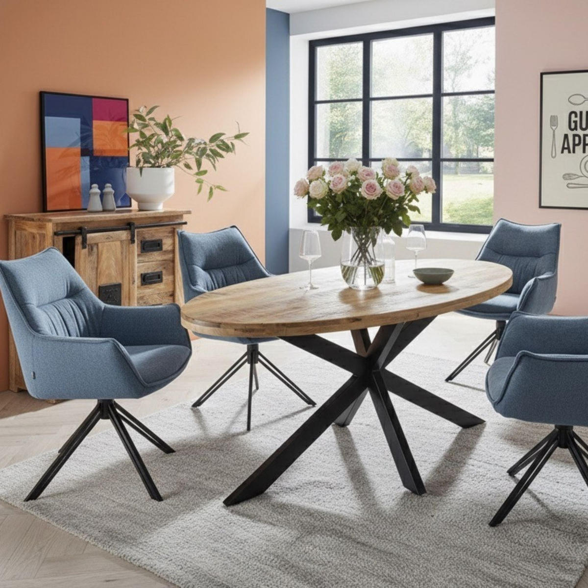 MÖBELSET Massivholztisch Avola, 4er Set Diningsessel Ginosa blau - Blau/Schwarz, Holz/Textil (90/76/180cm) - bene living