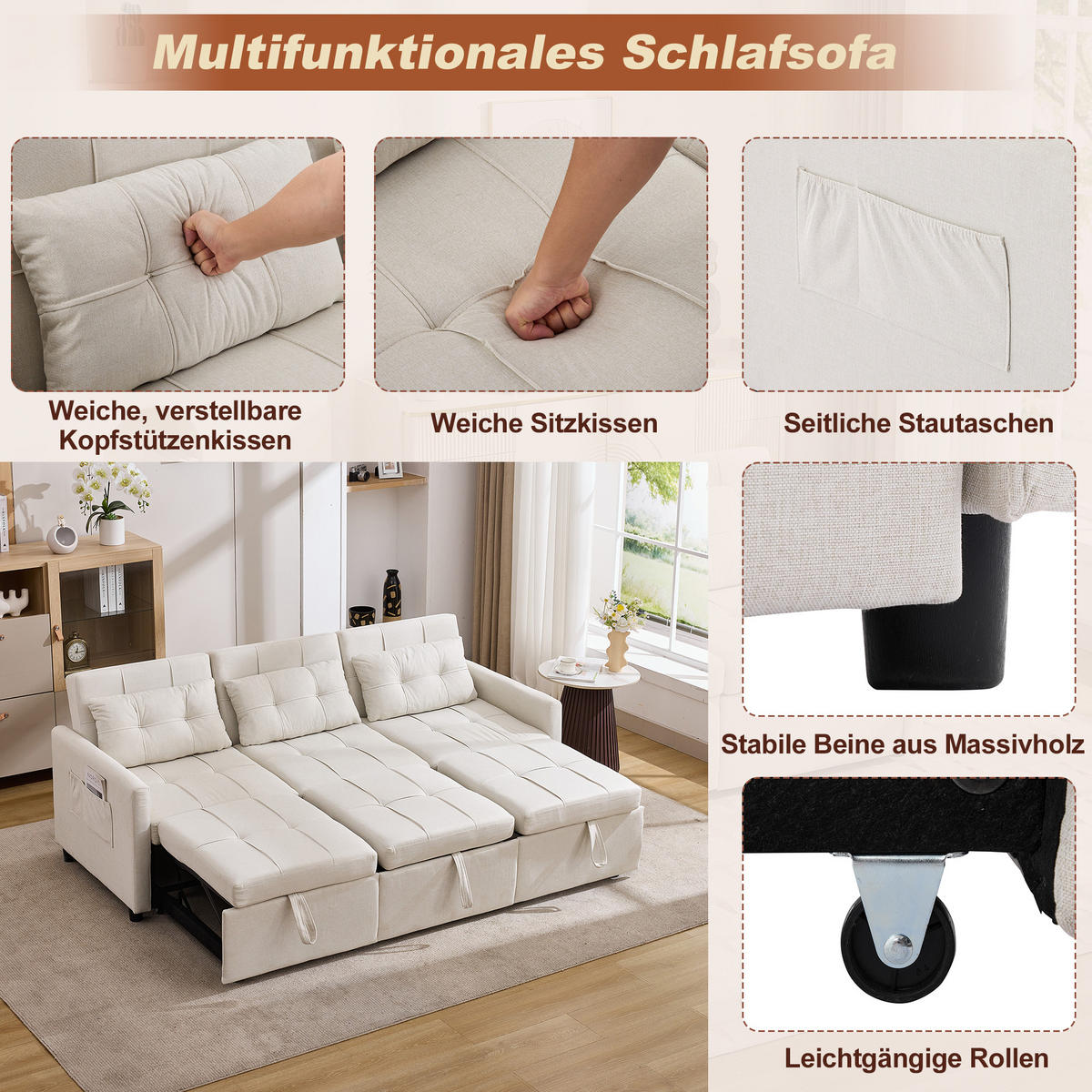 ECKSCHLAFSOFA 3-Sitzer Stoff mit verstellbarer Rückenlehne bis 180 Grad Beige 200/87/84,5 cm - Beige, Textil (87/200cm) - Redom