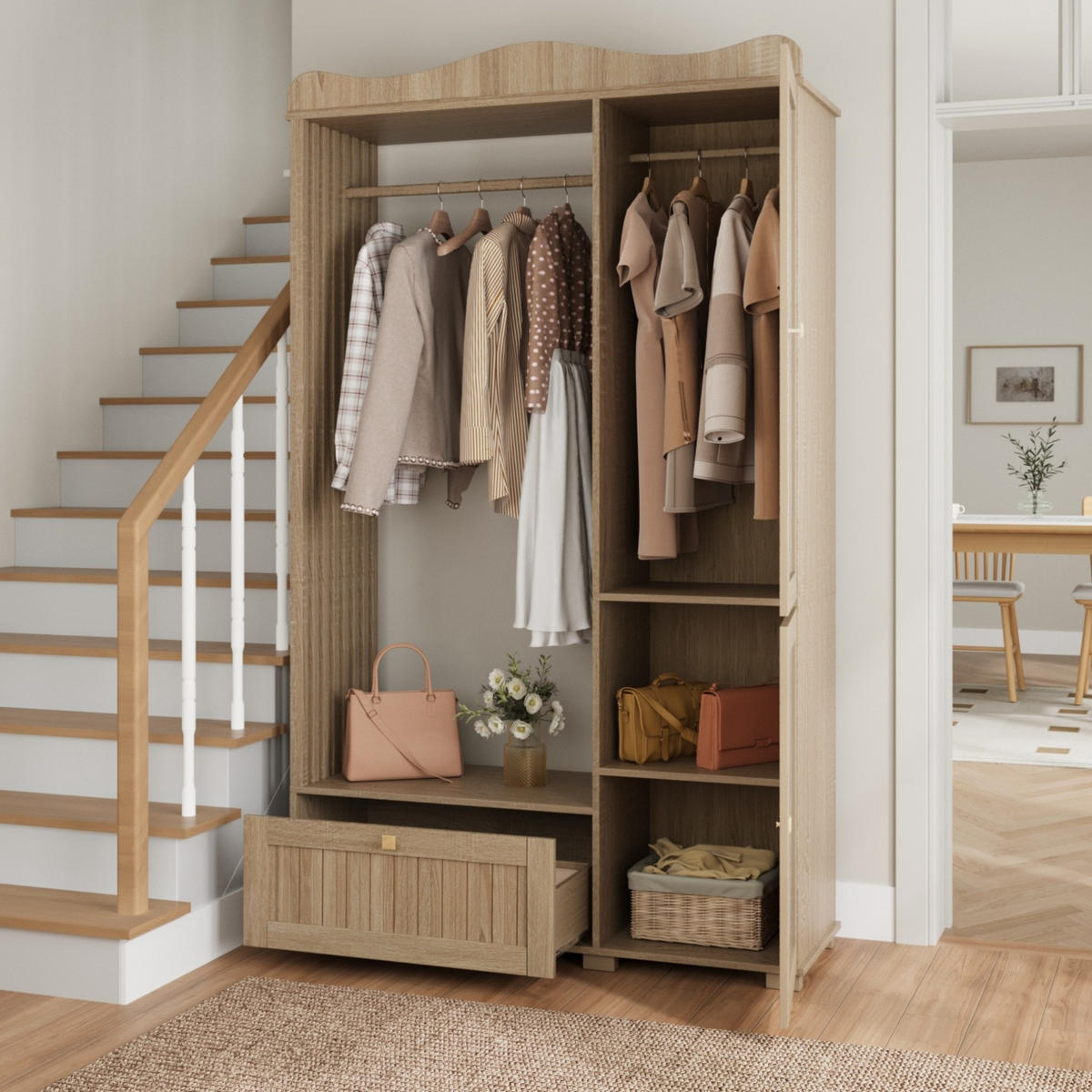 GARDEROBENSCHRANK mit Spiegel und Kleiderstange 115,5 x 38,5 x 194,5 cm MDF Eiche - Hellbraun, Holzwerkstoff (38.5/194.5/115.5cm) - Beauniv