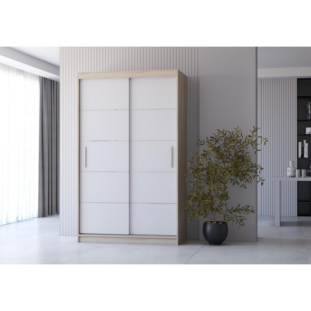 SCHWEBETÜRENSCHRANK Neomi 06 ohne Spiegel Sonoma Eiche/Weiß 120 cm - Alufarben/Weiß, Holzwerkstoff/Kunststoff (120/200/61cm) - imoebel24
