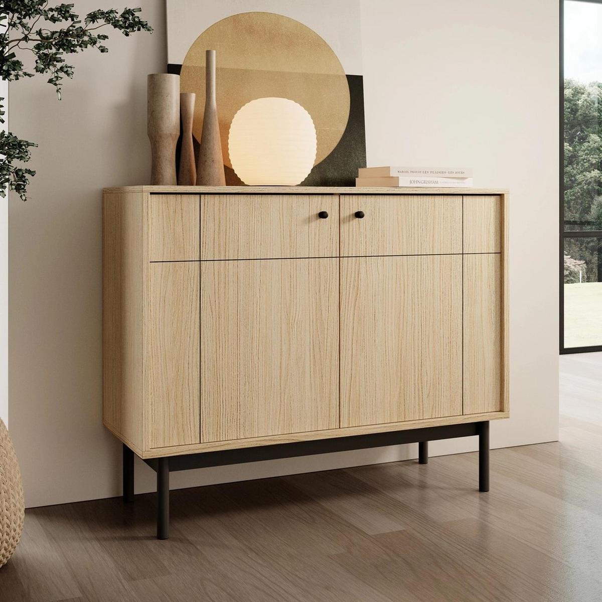 KOMMODE SORA K2D (Eiche Linea, Gefräste Front, Haefele Soft-Close, Holzfüße) - Eichefarben/Schwarz, Holz/Holzwerkstoff (104/83/39cm) - Ravio
