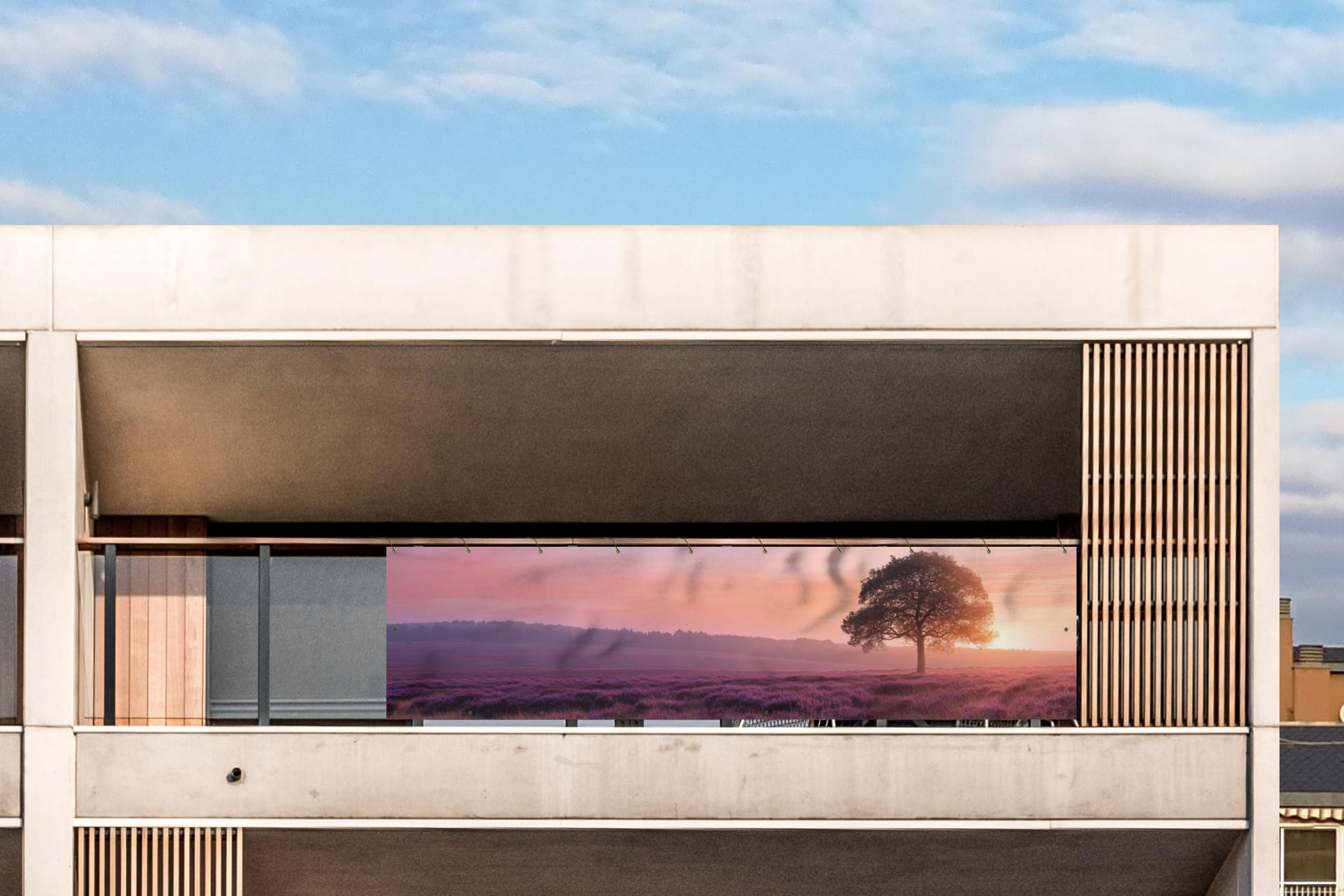 BALKON-SICHTSCHUTZ Baum - Heidekraut - Sonnenaufgang - Flieder, Kunststoff (300/75cm) - MuchoWow