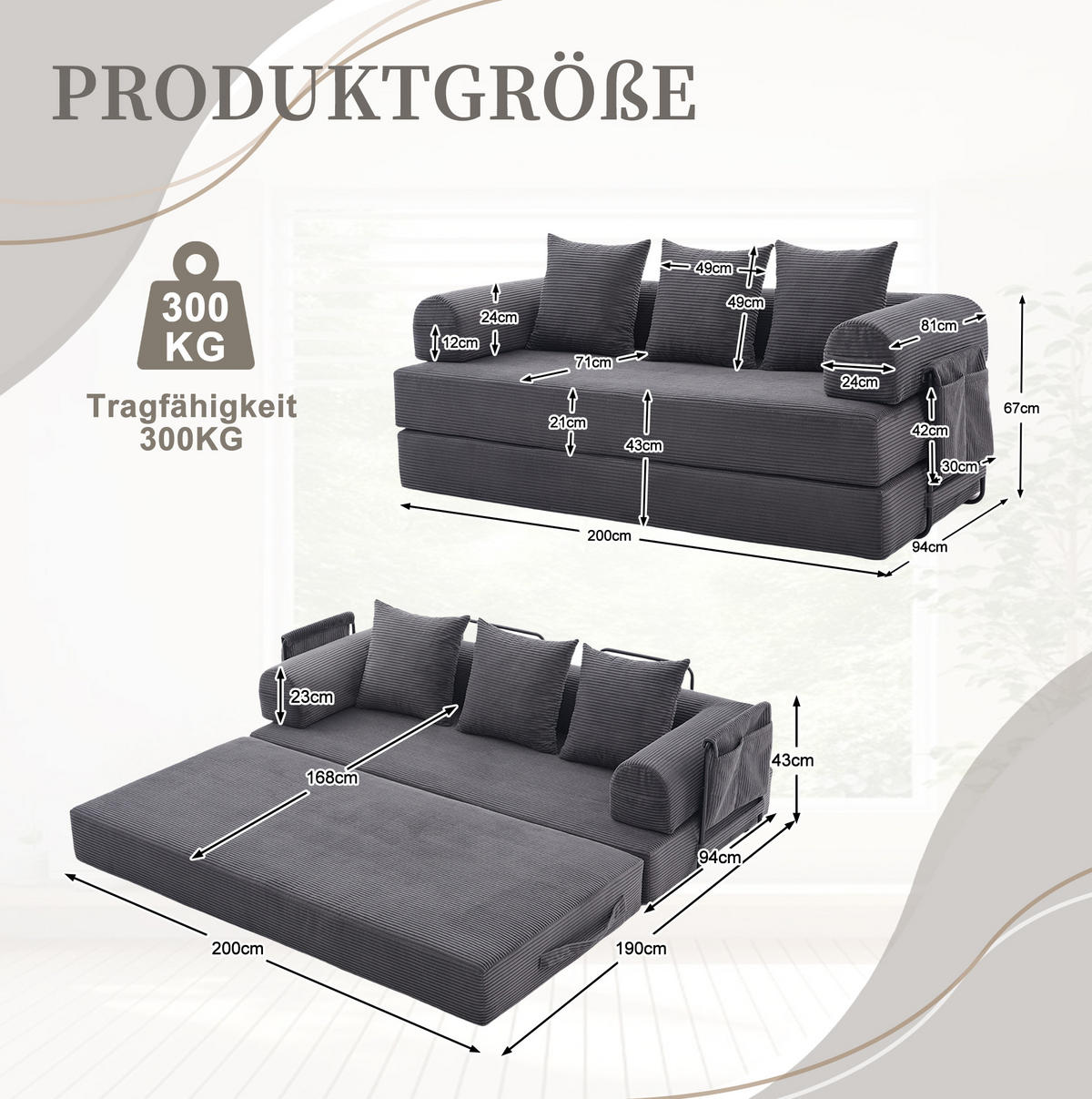 SOFA 200/94/67 cm in Dunkelgrau aus Cord mit modularer Gestaltung und Seitentasche - Dunkelgrau, Textil (94/67/200cm) - Flora Grace