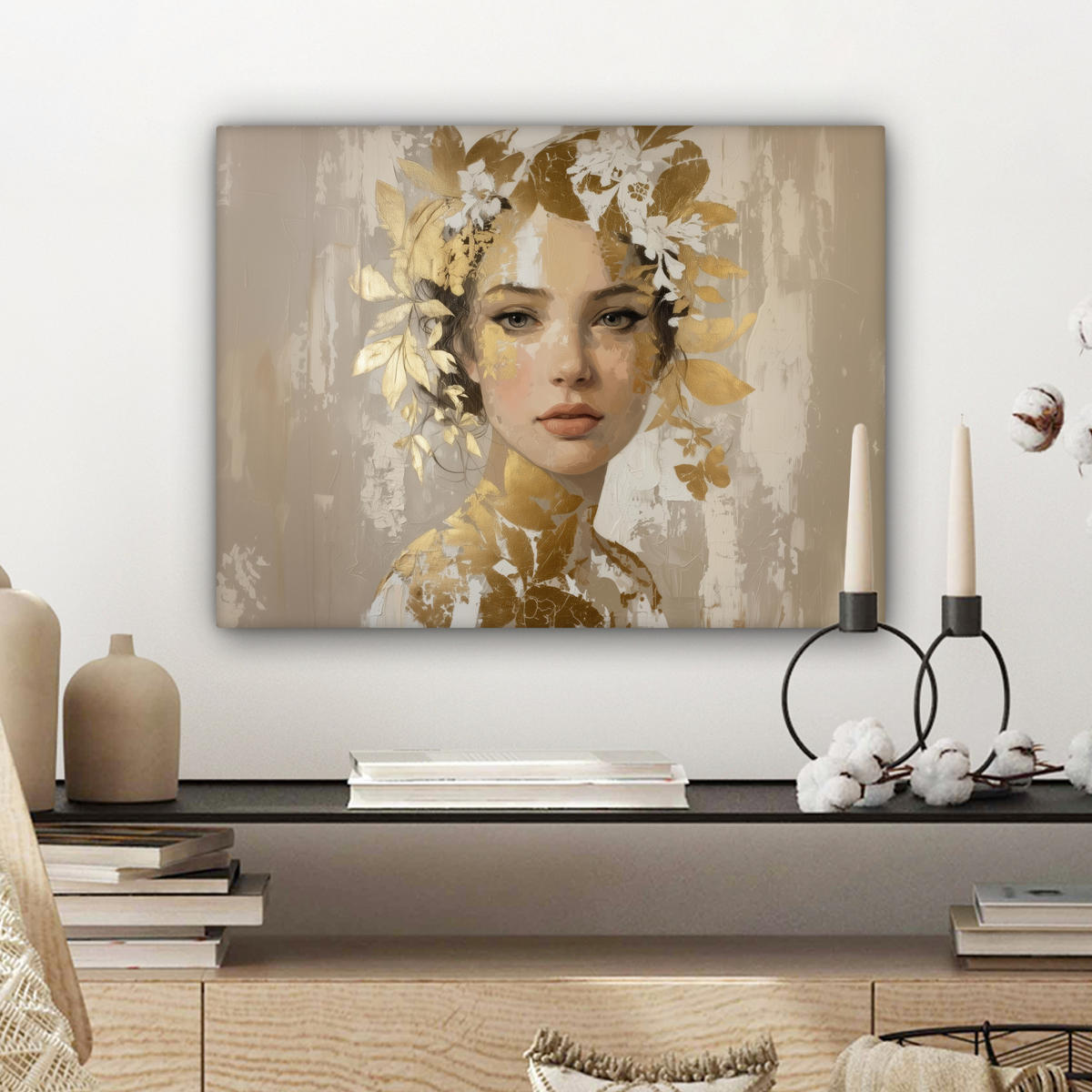 LEINWANDBILD Gesicht - Frau - Blätter - Gold Wandbild 40x30 cm - Beige, Textil (40/30cm) - MuchoWow
