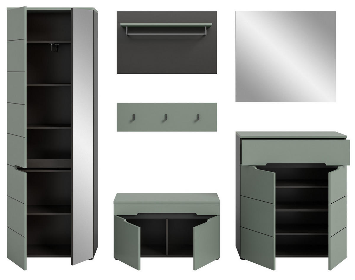 GARDEROBE SET 6-teilig Salbei Grün, Basalt Grau, Komplett-Set mit Soft-Close - Salbeigrün/Schwarz, Holzwerkstoff/Kunststoff (255/190/37cm) - Inn.Furn