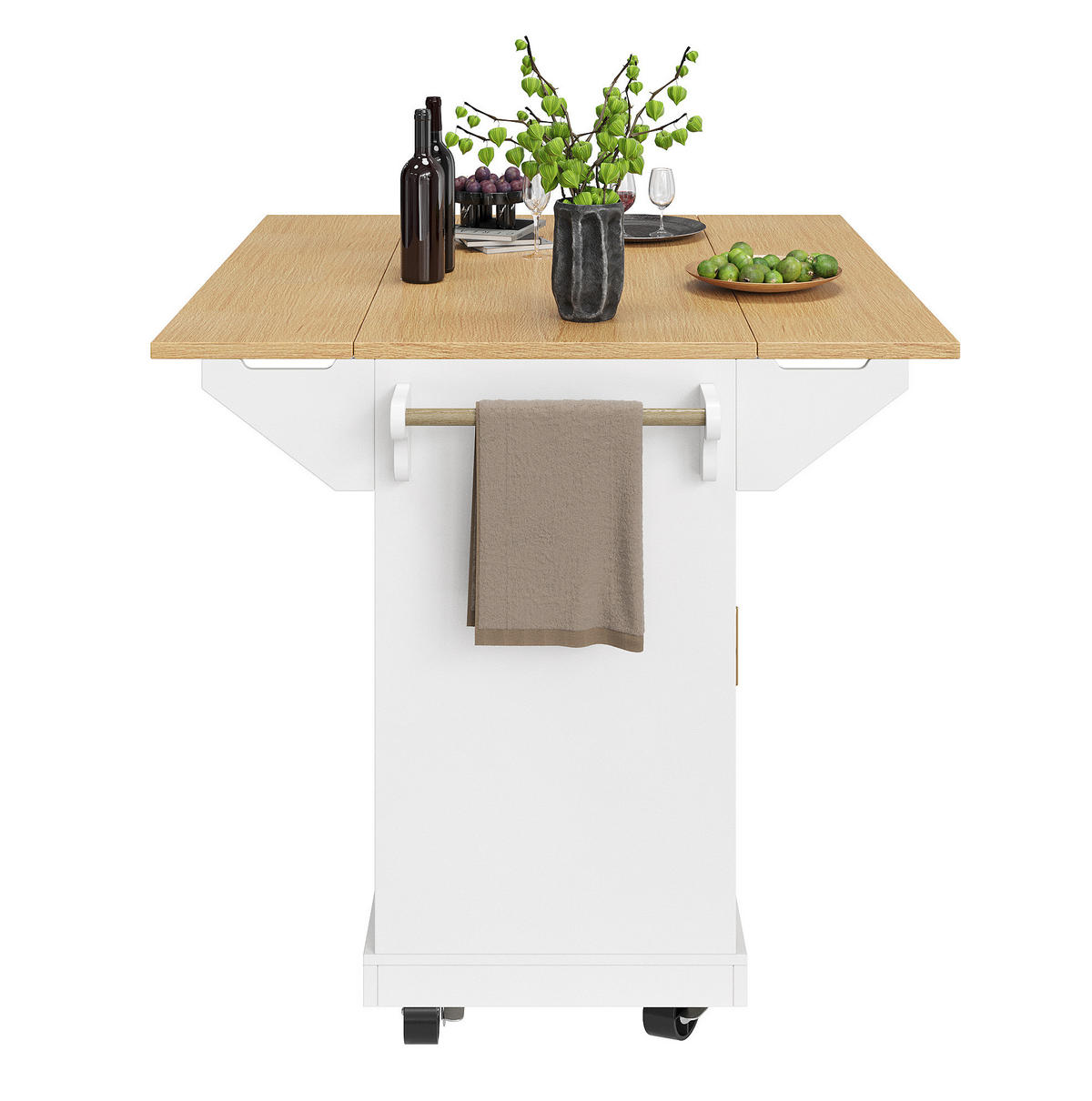 KÜCHENINSEL 120x80x95cm weiß/Holzoptik mit Klapptisch & 5 Rollen - Weiß, Holzwerkstoff (120/95/80cm) - Modfu
