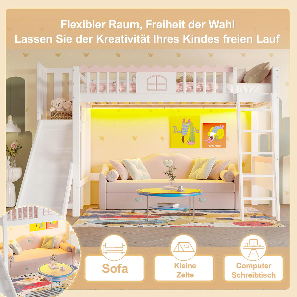 HOCHBETT 90/200 cm in Weiß – mit Rutsche, Regalen und LED-Licht - Weiß, Holz (90/200cm) - BEAOK