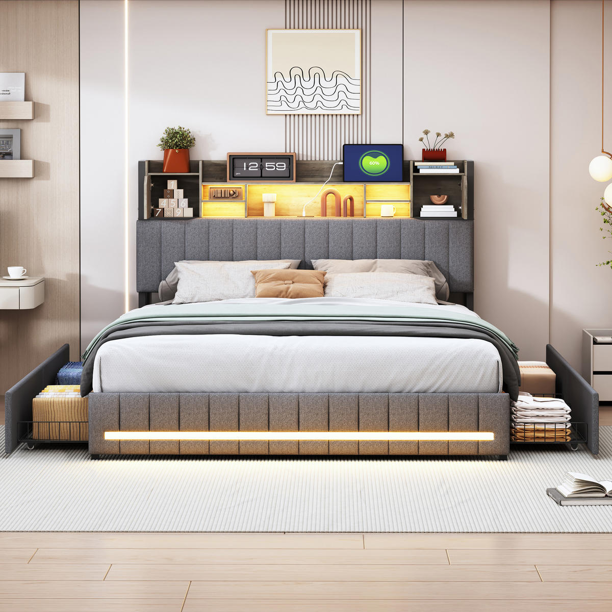 POLSTERBETT 140x190 Cm Grau/Leinen Mit LED, 4 Schubladen & USB - Grau, Holz (140/190cm)