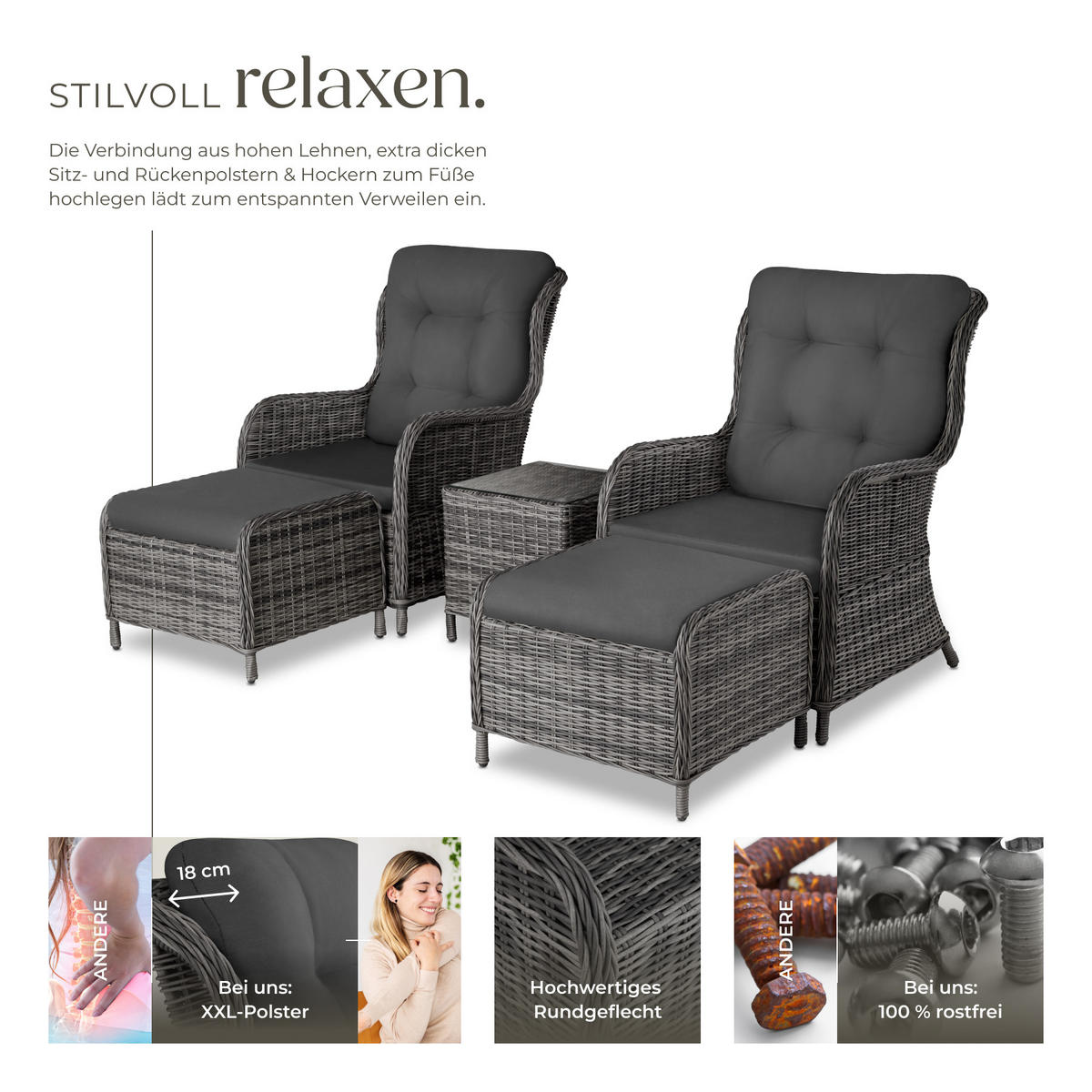RATTAN SITZGRUPPE Benissa,mit Sicherheitsglasplatte,grau-meliert/grau - Grau, Kunststoff - tectake