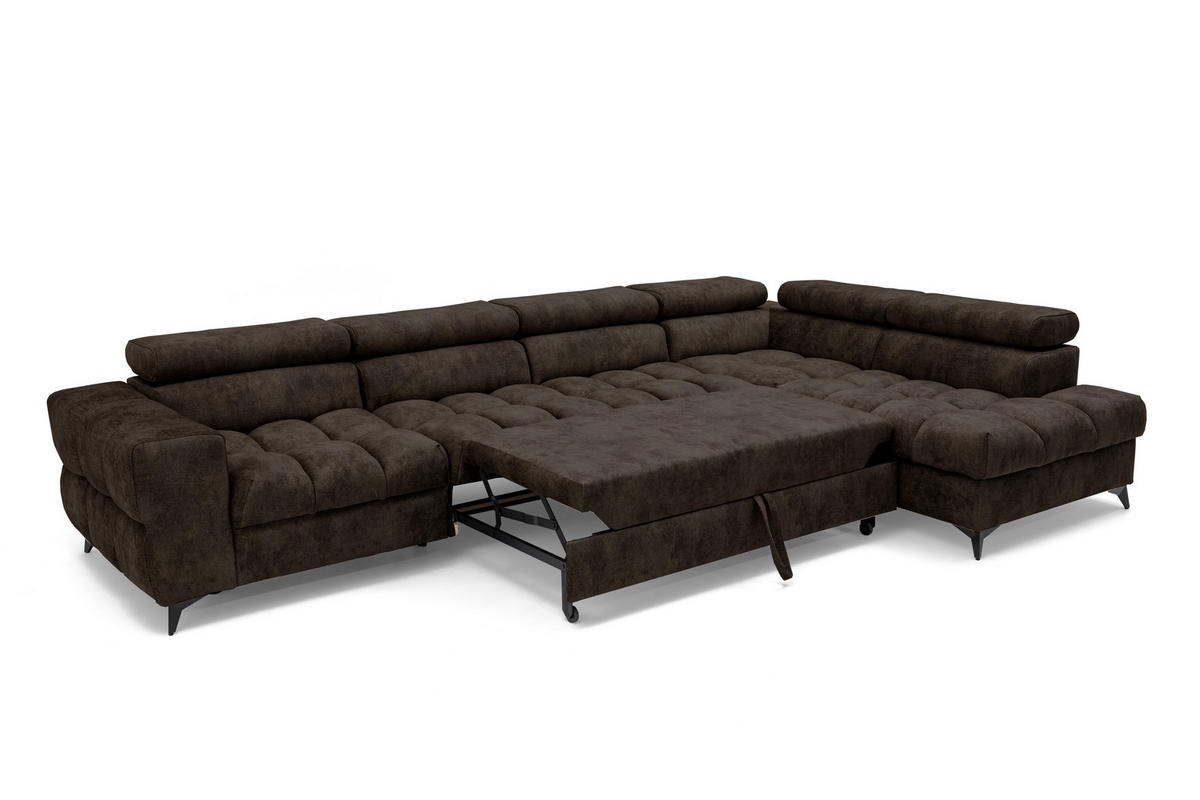 ECKSOFA PUDDING MAXI L Links mit Schlaffunktion 125x195 Velours Dunkelbraun - Dunkelbraun/Schwarz, Holz/Textil (350/203cm) - Muffo