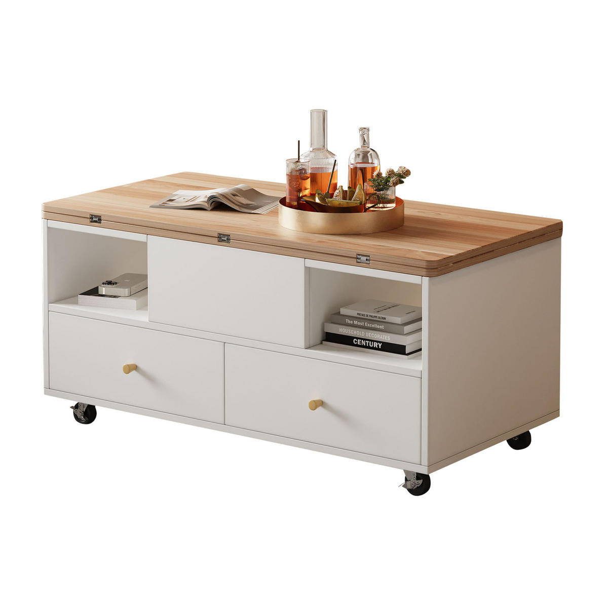 KONFERENČNÍ stolek 100/50/47,5 cm bílá a přírodní z MDF s výklopnou a výškově nastavitelnou deskou - přírodní, kompozitní dřevo (100/50/47.5cm) - OKWISH