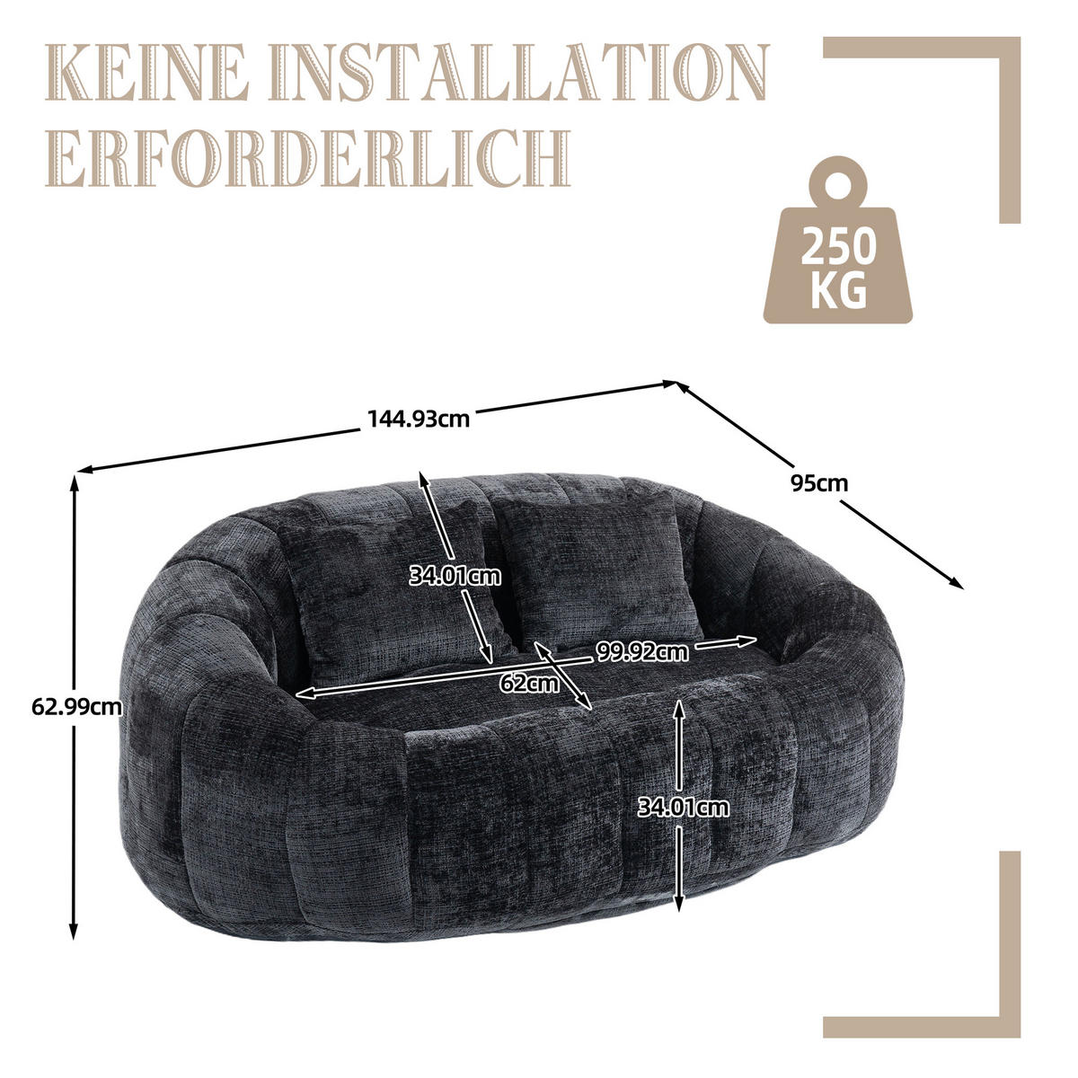 BEAN BAG SOFA – Komfortabler Lazy Lounger mit hochdichtem Memory - Schwarz, Textil (150/63/95cm) - Urban Meuble