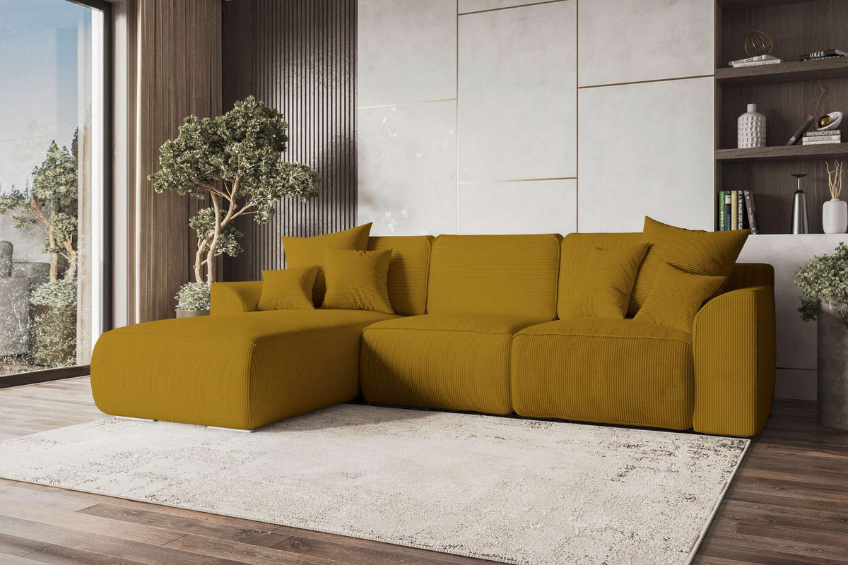 ECKSOFA GUSTO Cordstoff Goldfarben Links inkl. Schlaffunktion - Chromfarben/Goldfarben, Kunststoff/Textil (295/194cm) - 99rooms