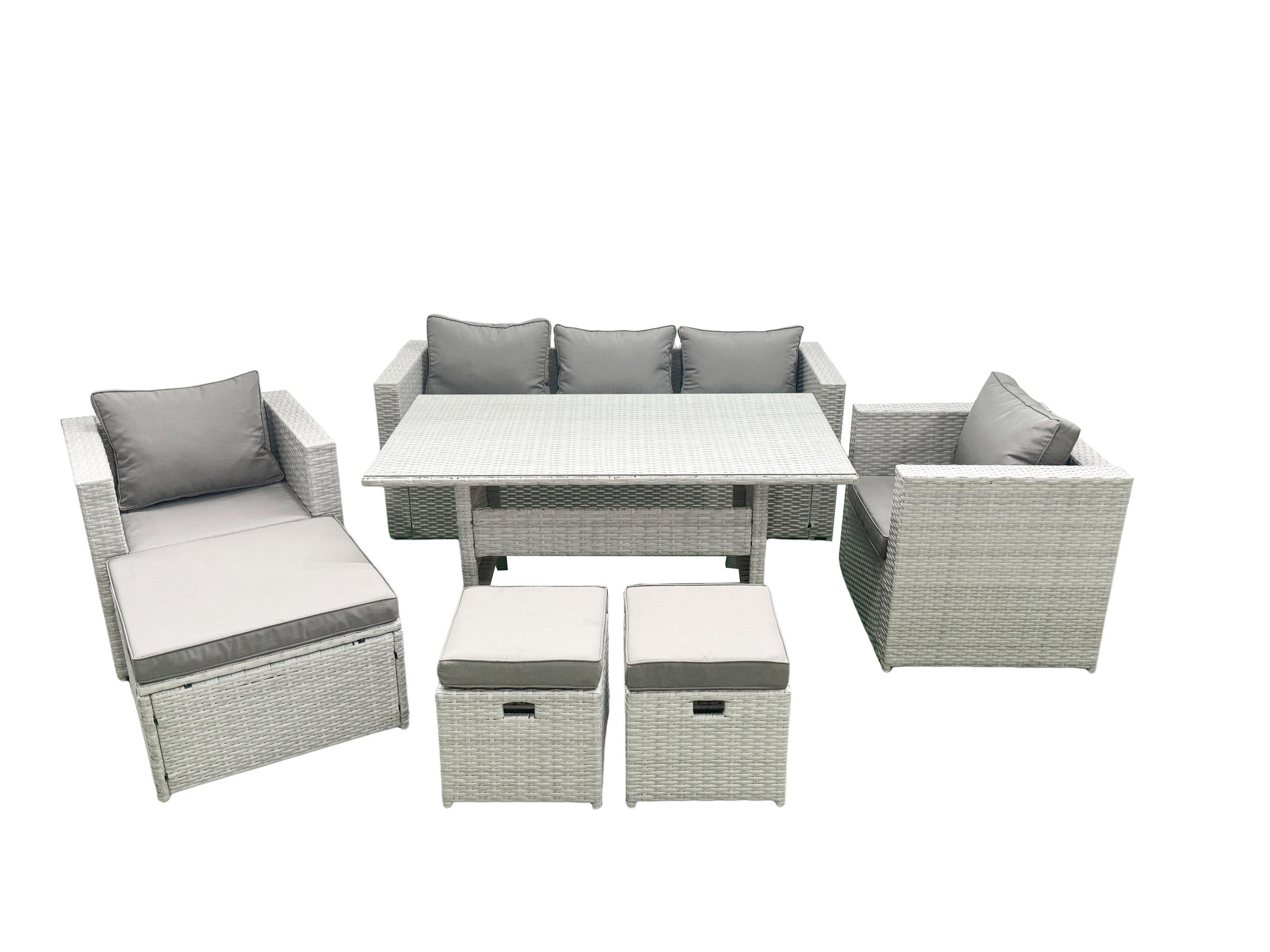 GARTENMÖBEL SET mit Sofa,3 Hockern Polyrattan Hellgrau 8-Sitzer - Hellgrau/Grau, Glas/Kunststoff - Fimous