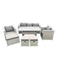GARTENMÖBEL SET mit Sofa,3 Hockern Polyrattan Hellgrau 8-Sitzer - Hellgrau/Grau, Glas/Kunststoff - Fimous