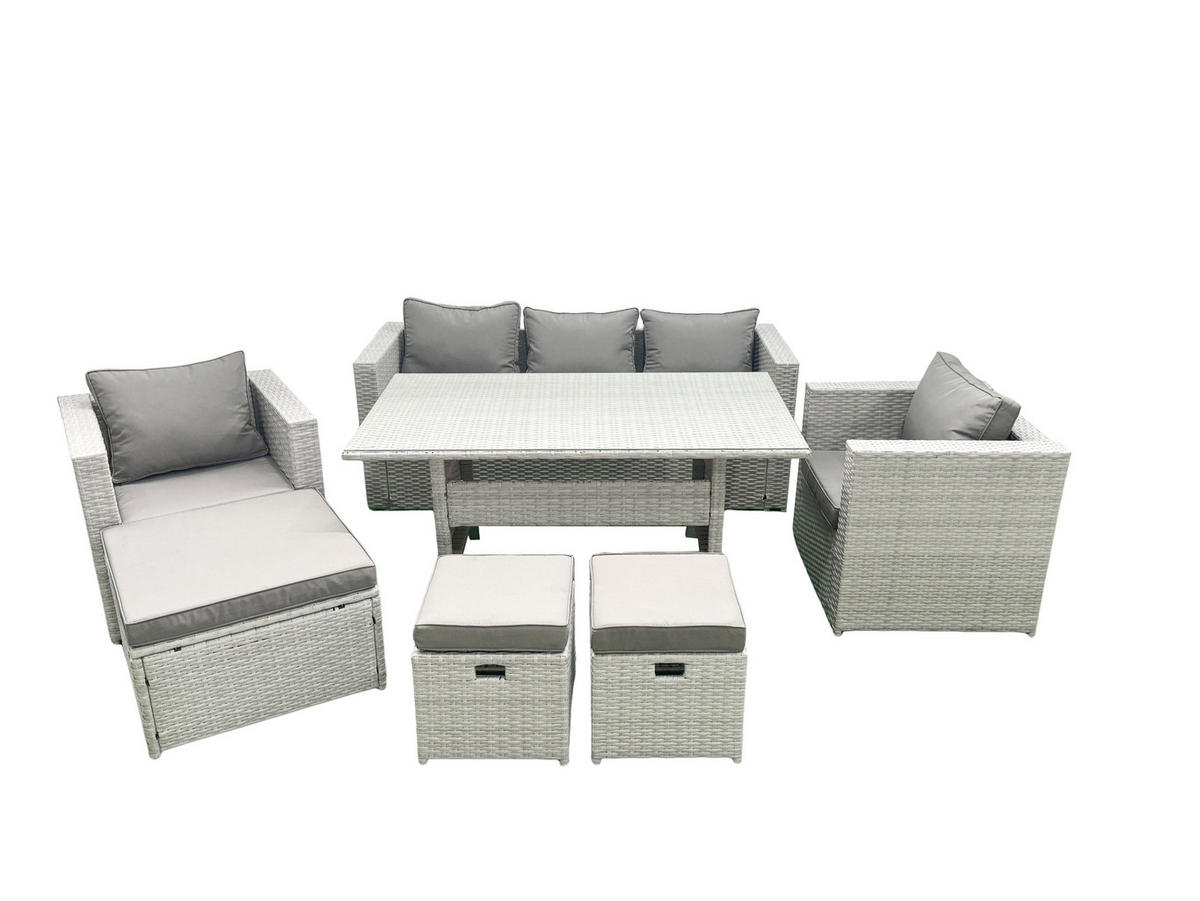 GARTENMÖBEL SET mit Sofa,3 Hockern Polyrattan Hellgrau 8-Sitzer - Hellgrau/Grau, Glas/Kunststoff - Fimous