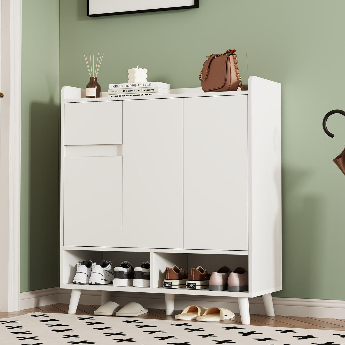 SCHUHSCHRANK mit Massivholzbeinen H99xB90xT35 Minimalistisch - Weiß, Holzwerkstoff (35/99/90cm) - FLIEKS