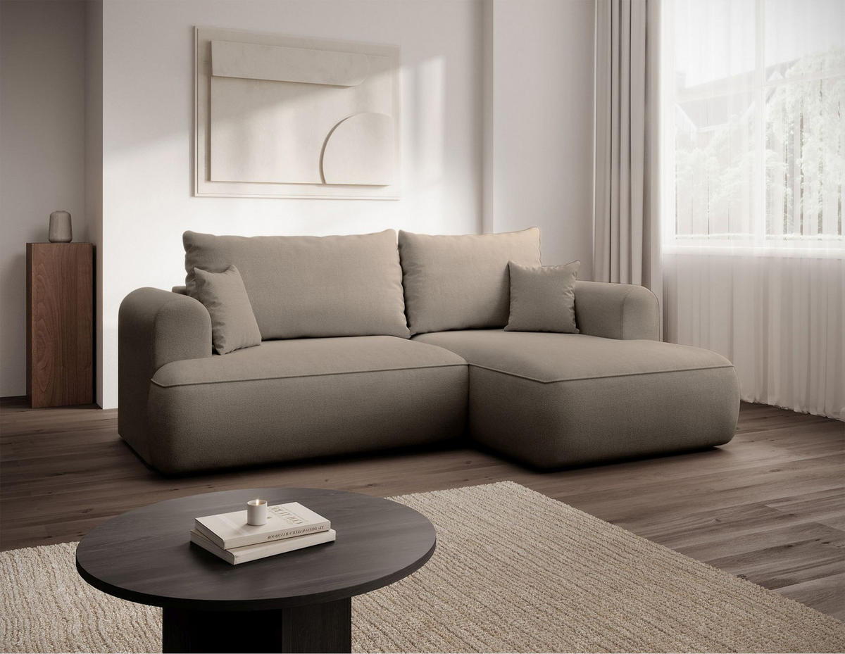 ECKSCHLAFSOFA Ovo Mini Greige Easy-Clean-Chenille-Bezug - Taupe/Schwarz, Kunststoff/Textil (238/156cm) - Selsey
