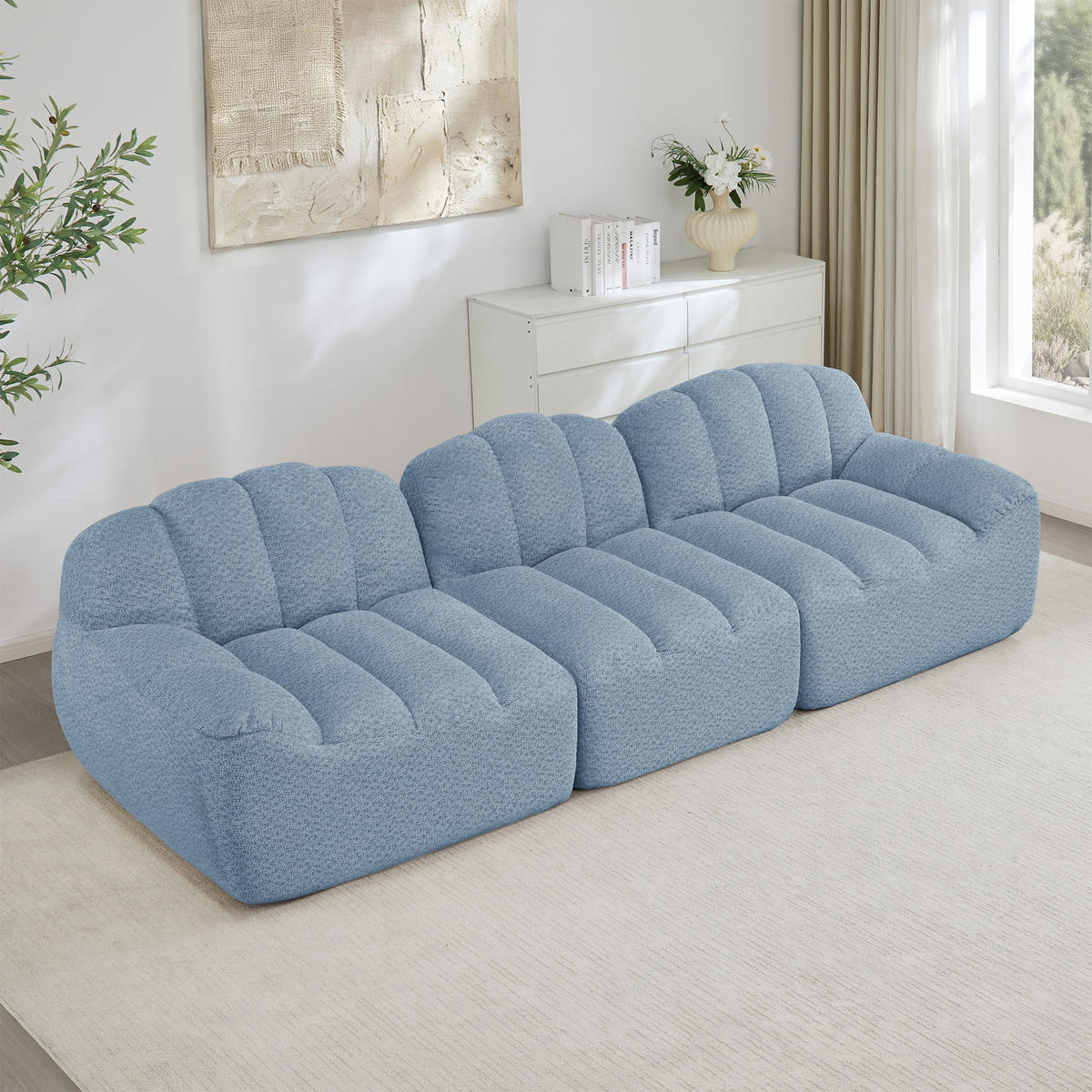 3-SITZER Sofa 288×104×79 cm Granuliertes Fleece rahmenlos modular, blau - Blau, Textil (104/79/288cm)