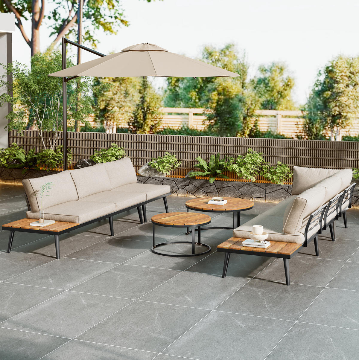 GARTEN-LOUNGESET 160/64/75 cm, 6-teilig mit modularer Stellvariante, Kissen und verzinktem Eisen, Beige - Beige, Metall - Redom