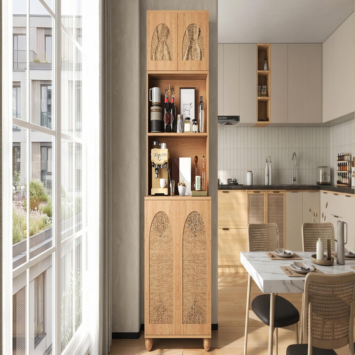 KÜCHENSCHRANK mit Seilgeflecht-Türen, dreigeteilt, Kieferholzfüße, Natur, 80/180/40 cm - Naturfarben, Kunststoff (40/180/80cm) - Rolipo