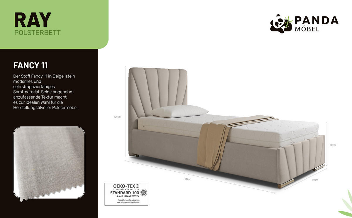 POLSTERBETT Ray 90 x 200 cm mit Bettkasten, Lattenrost und Taschenfederkernmatratze Pocket - Beige - Beige, Holz (90/206cm) - Panda Möbel
