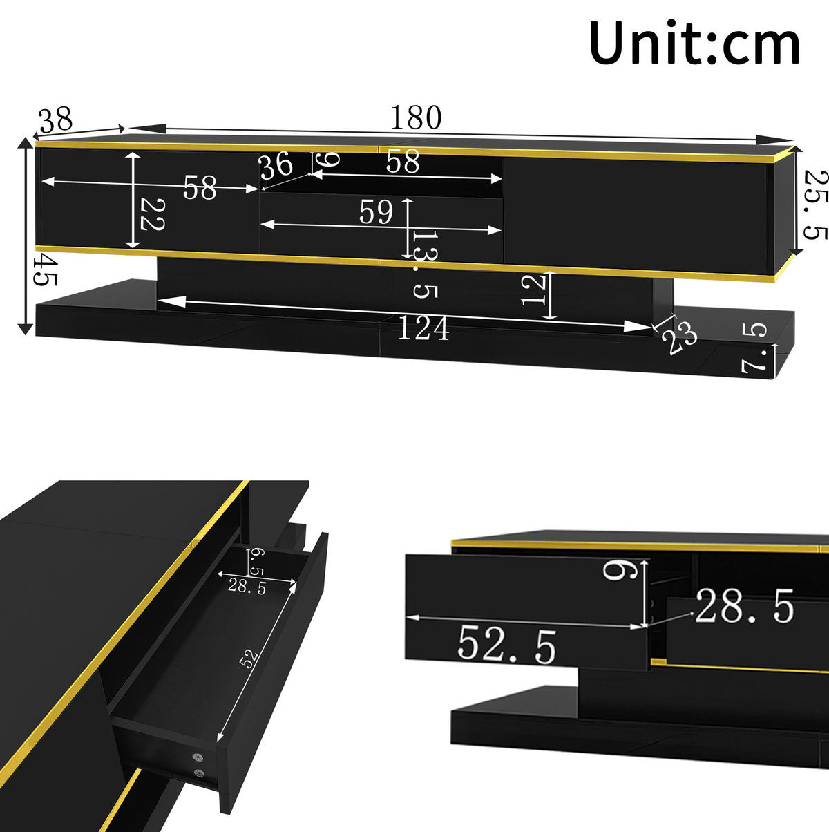 TV-LOWBOARD 180/38/45 cm Schwarz/Gold aus Holzwerkstoff mit LED - Schwarz, Holzwerkstoff (180/45/38cm) - OKWISH