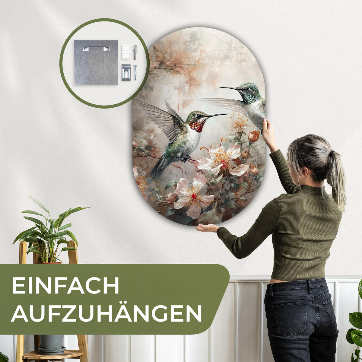 WANDBILD Kolibri - Vögel - Blumen - Pflanzen 80x120 cm - Hellgrün, Kunststoff (80/120cm) - MuchoWow