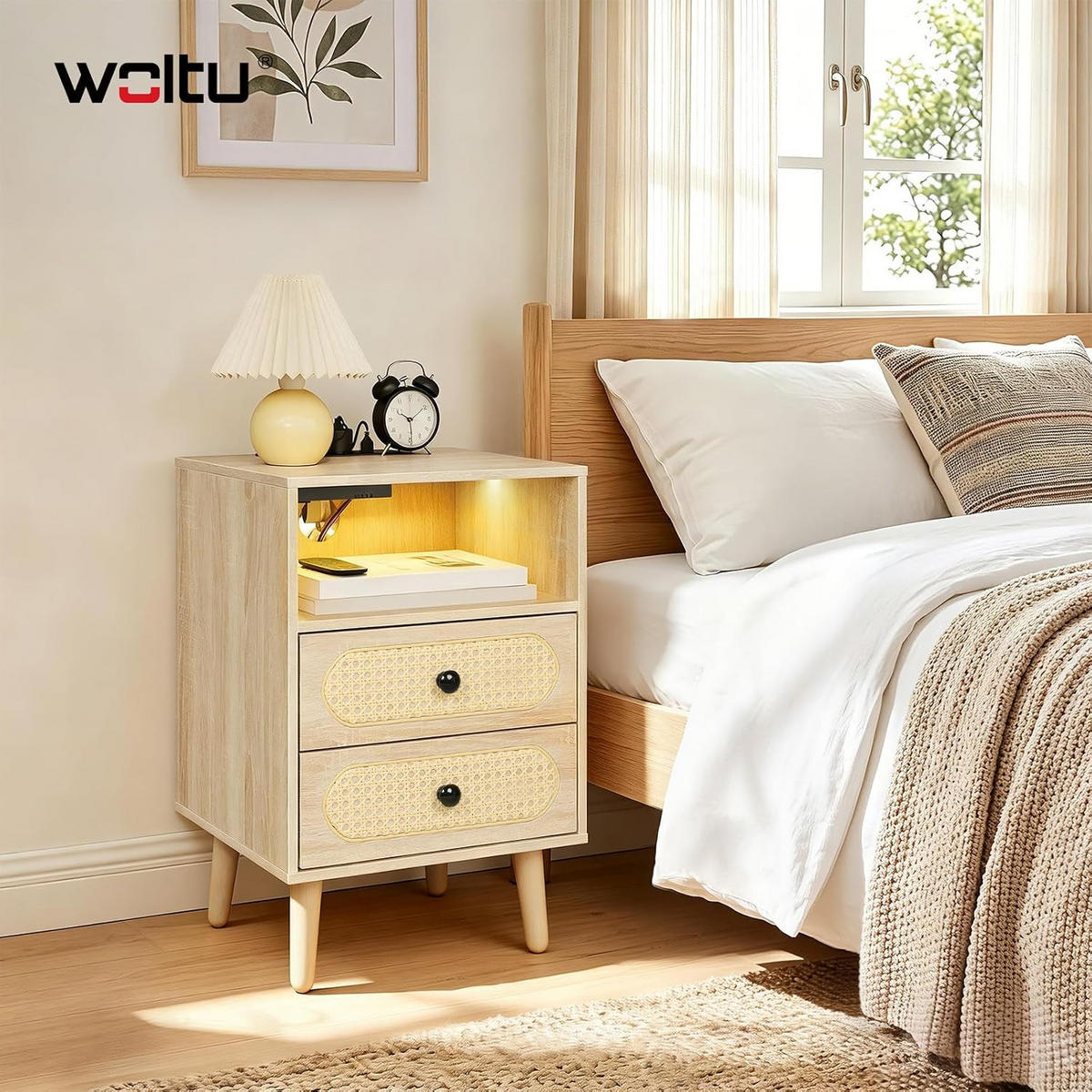 NACHTSCHRANK 35/40/60 cm, Ladefunktion & LED, Eiche - Eichefarben, Holzwerkstoff (45/60/35cm) - Woltu