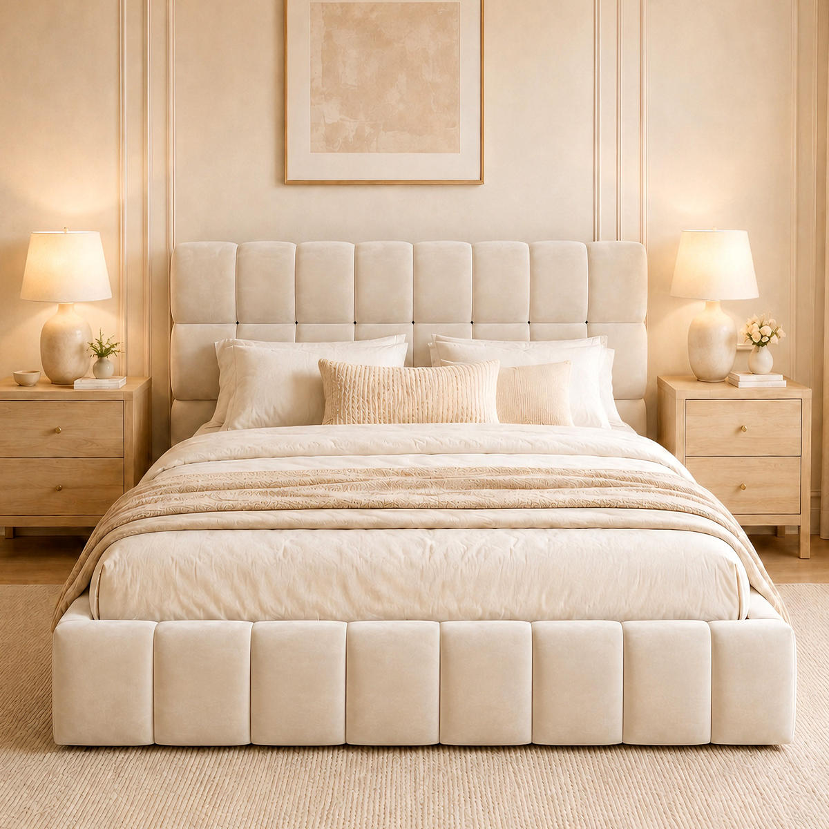 POLSTERBETT 140/200 cm in Beige Samt mit gepolstertem Kopfteil - Beige, Holzwerkstoff/Textil (140/200cm) - WISHDOR