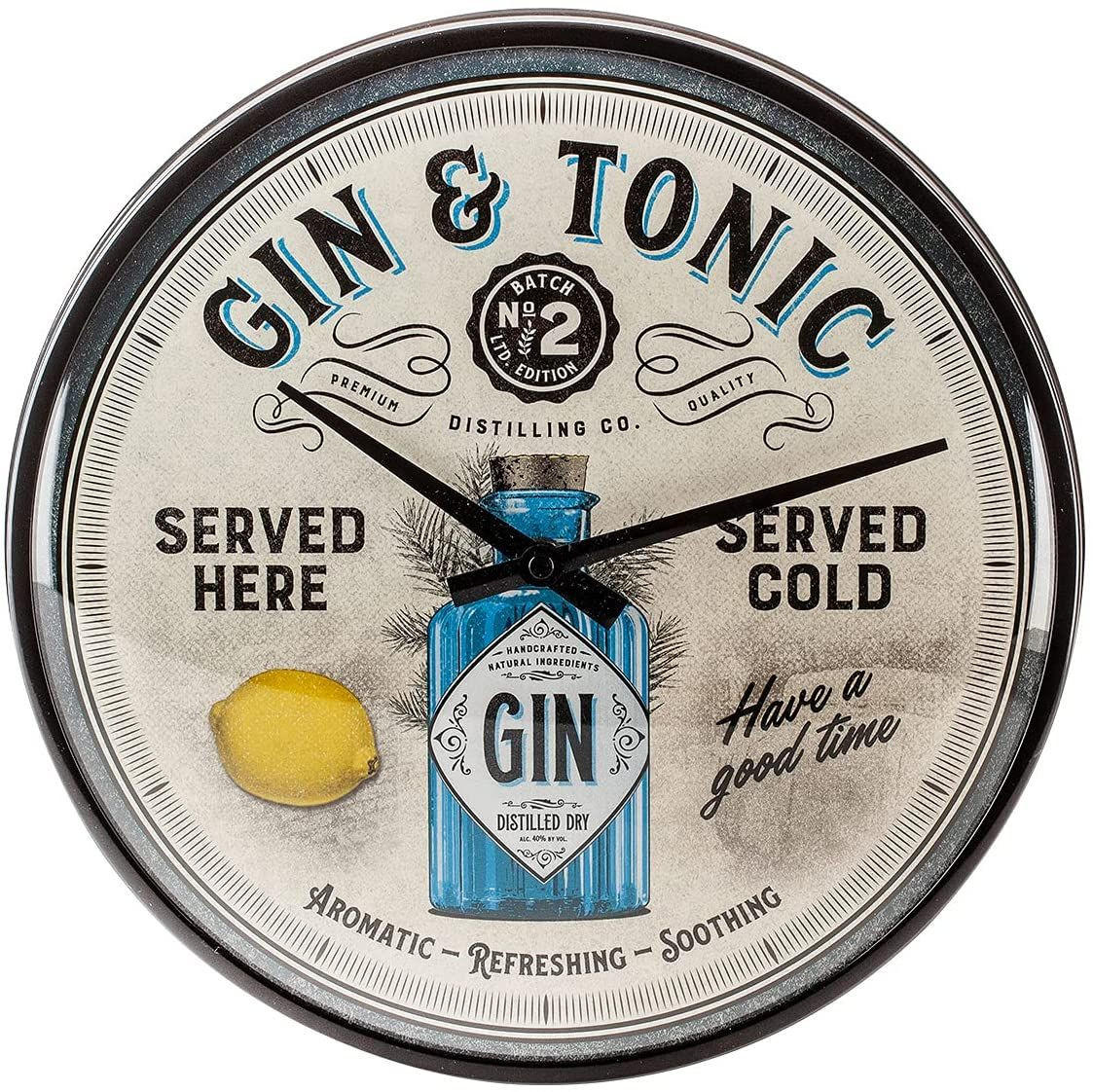 WANDUHR 31 cm Open Bar Gin & Tonic Served Here - Hellgrau, Metall (31/31/5cm) - Nostalgic-Art