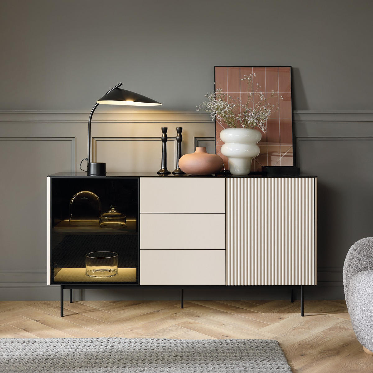 SIDEBOARD DIJON KSZ157 157 cm (Kaschmir, Glasplatte, Antisol-Glas, LED) - Kaschmir/Schwarz, Glas/Holz (157/84/39cm) - Ravio