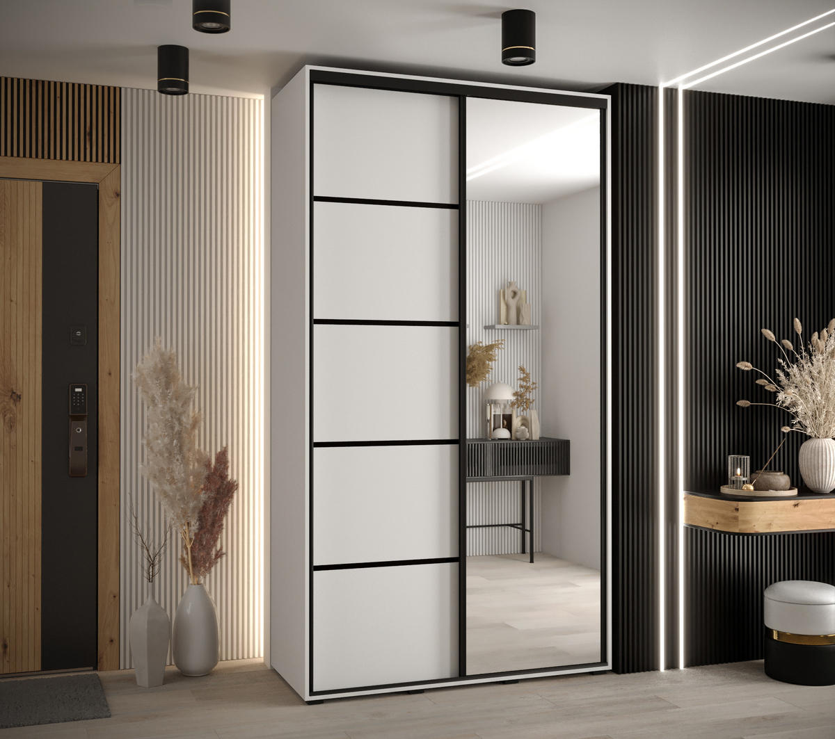 SCHWEBETÜRENSCHRANK 235,2/130/45 2-türig - Schwarz/Weiß, Holz/Metall (130/235/45cm) - Abiks Möbel