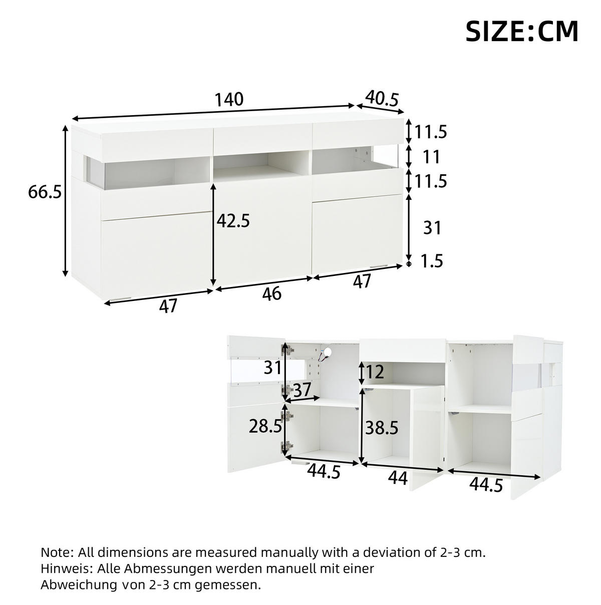 SIDEBOARD 140/40,5/66,5 cm in Weiß mit 3 Türen und LED-Beleuchtung - Weiß, Holzwerkstoff (140/66.5/40.5cm) - Flora Grace