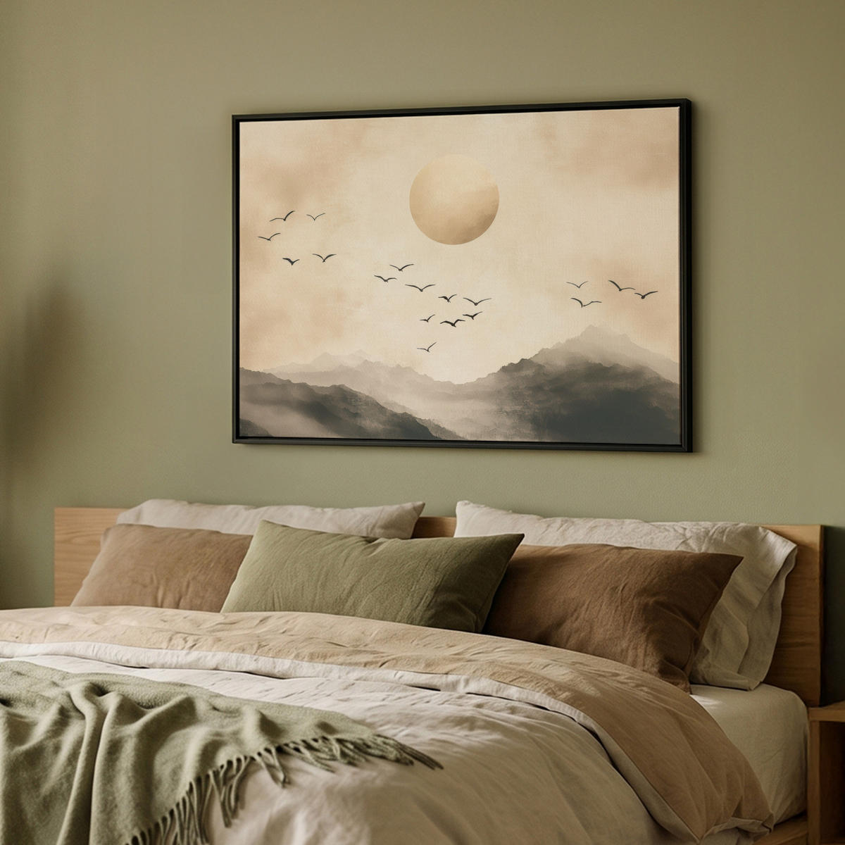 LEINWAND Bilder mit Rahmen - Landschaft - Japandi - Vogel - 100x70 - Beige, Textil (100/70cm) - MuchoWow