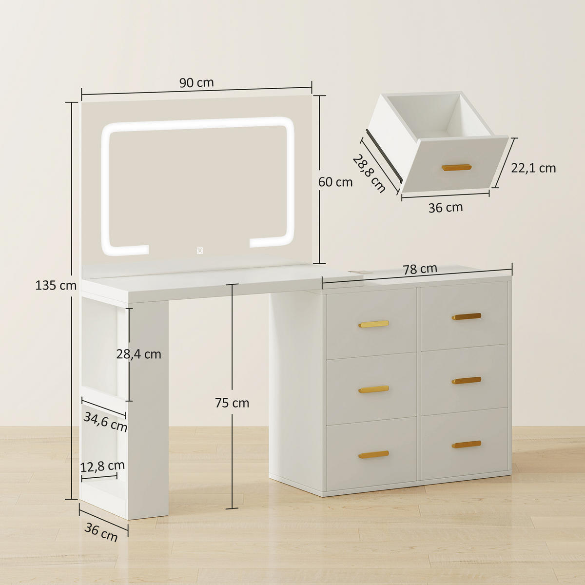 SCHMINKTISCH mit LED-Leuchte 3 Lichtfarben Spiegel Steckdose Weiß - Weiß, Holzwerkstoff (78/135/118cm) - HOMCOM